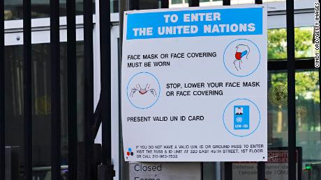 UN sign describing mask protocol at the headquarters