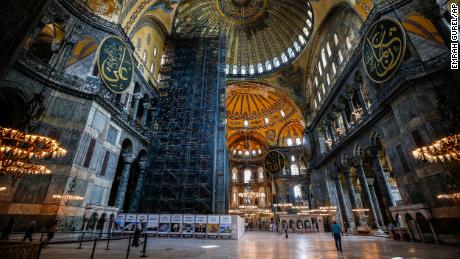 People visit the Byzantine-era Hagia Sophia, one of Istanbul&#39;s main tourist attractions in the historic Sultanahmet district of Istanbul on Thursday, June 25, 2020. 