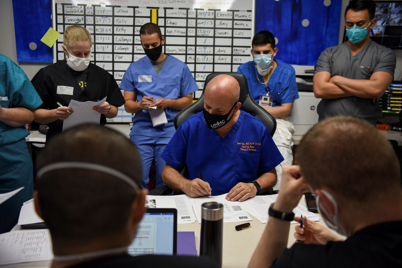 Varon and his team go over patient files during a daily meeting. “I’m afraid that at some point in time I'm going have to make some very serious decisions,” Varon said in July. “I’m starting to get the idea that I cannot save everybody.”