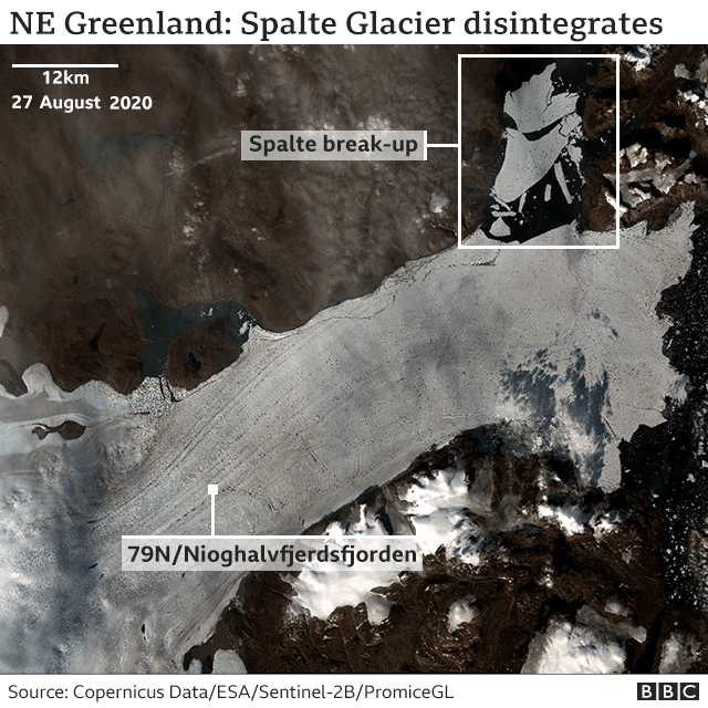 Climate change: Warmth shatters section of Greenland ice shelf