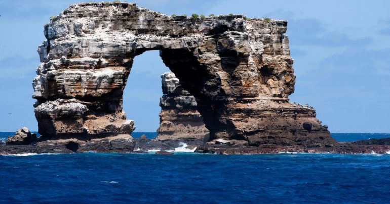 Natural erosion: Darwin's arch rock formation collapsed off the coast of the Galápagos Islands