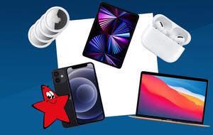 Various Apple products on blue and white background: MacBook, iPhone 12, AirPods, Airtags, iPad