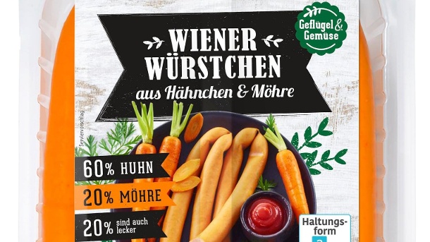 Hybrid Sausage: Vienna Sausage with Carrot and Chicken Meat Sausage with Soy Protein are available in Classic and Garlic flavours.  (source: Lidl)