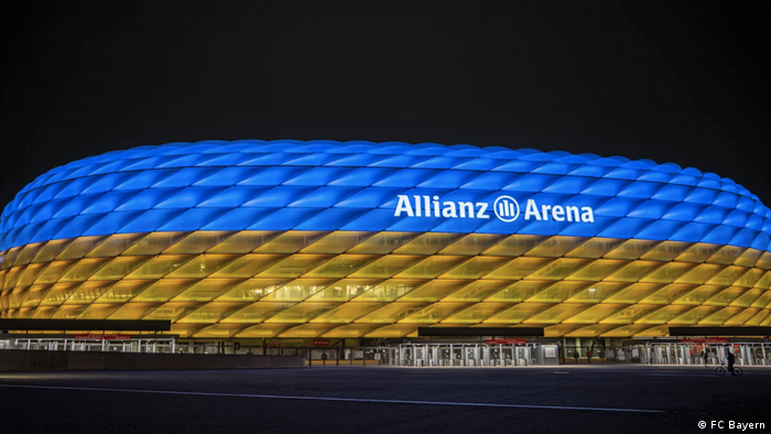 Germany Allianz Arena Munich in the colors of the flag of Ukraine