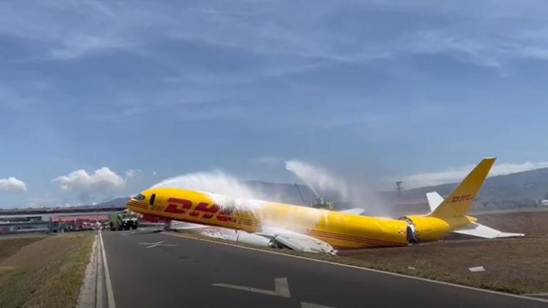 DHL plane breaks in two after emergency landing and crash