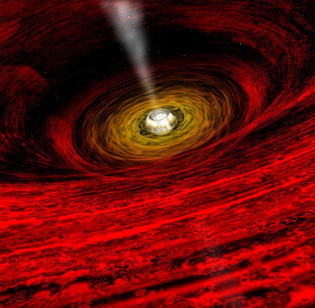 Close-up view of a black hole, captured by April Hobart, CXC: A swirling whirlpool of hot gas has a black hole at its center.  Studies of the bright light emitted by swirling gas often indicate that not only does a black hole exist, but that it has potential properties.  (Photo by: Photo 12 / Universal Images Group via Getty Images)