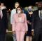 Night arrival: Nancy Pelosi (fourth from right) is welcomed at Taipei Airport after a five-hour flight from Kuala Lumpur