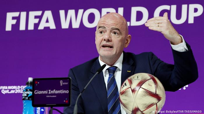 FIFA President Gianni Infantino speaking during his closing press conference at the 2022 World Cup in Qatar. 